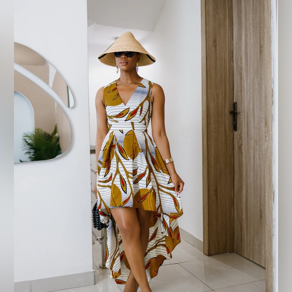 NWT Mae Otti Stylish Leaf Print High-Low Dress Tropical V-Neck Resort Size XL